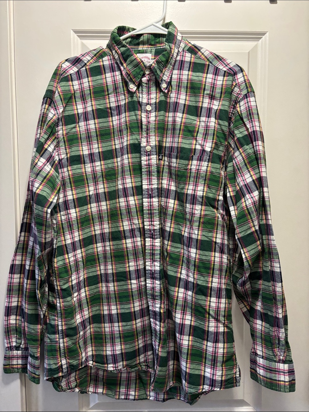 Brooks Brothers Plaid Cotton Button Down in Green & White -Size Large